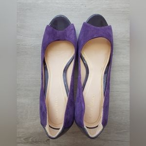 Cole Haan suede peep toe heels.